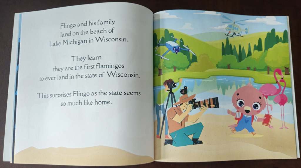 two pages from the book Flingo Flies to Wisconsin